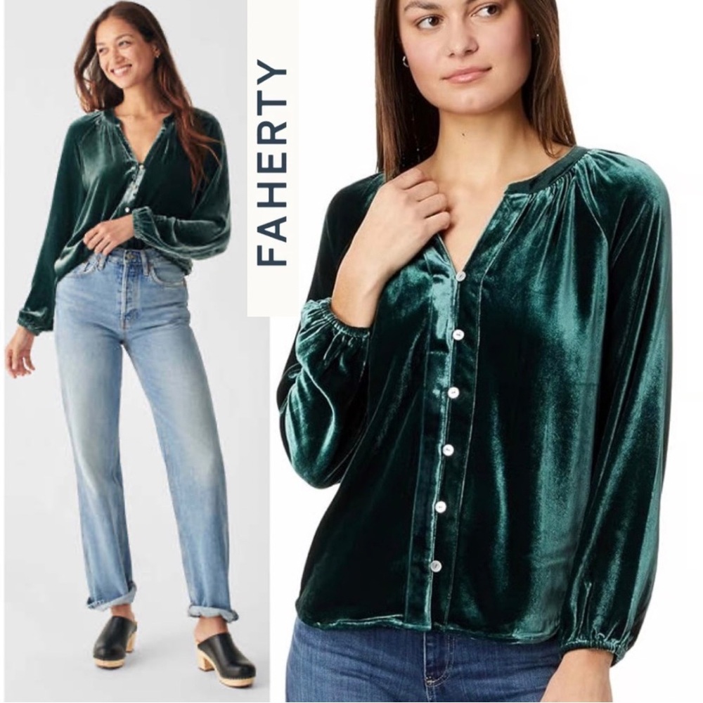Faherty Women's Emerald Stretch Silk Velvet Naomi Blouse M